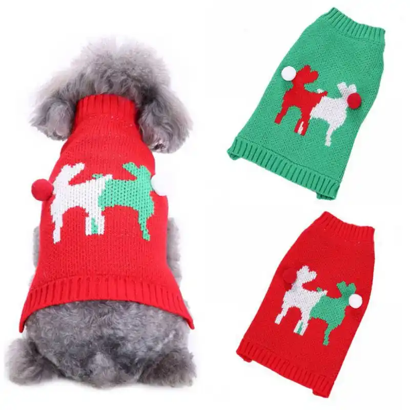 Christmas Pet Cat Dog Sweater Knitted Xmas Reindeer Design Lovely Puppy Coat Apparel Clothes Christmas Tree Green Red Pattern
