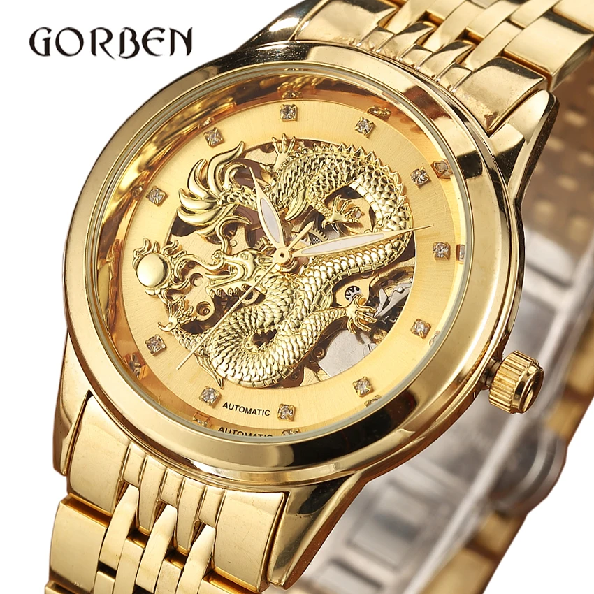 Goede Draak Skelet Automatische Mechanische Horloges Voor Mannen Horloge Geschenkdoos Luxe Goud Staal Zelf Wind Klok relogios masculino