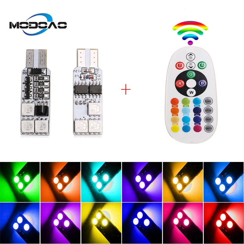 

2Pcs Car Atmosphere Lamp T10 W5W 12V RGB LED Headlight Wedge Decoration Light Remote Controller Interior Light Bulb Car Styling