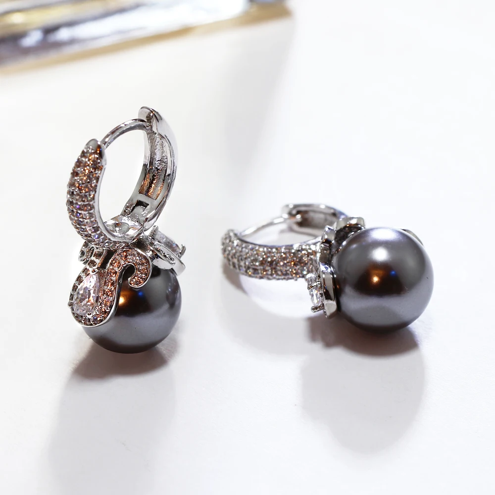 

New Arrival Drop Earrings for Party Setting with Cubic Zirconia Grey simulated Pearl Engagement Earrings Free Shipping