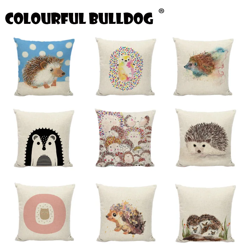 

Printed Hedgehog Throw Pillows Case Lovely Candy Colors Geometric Flower Decoration For Children room Linen Cotton Cushion Cover