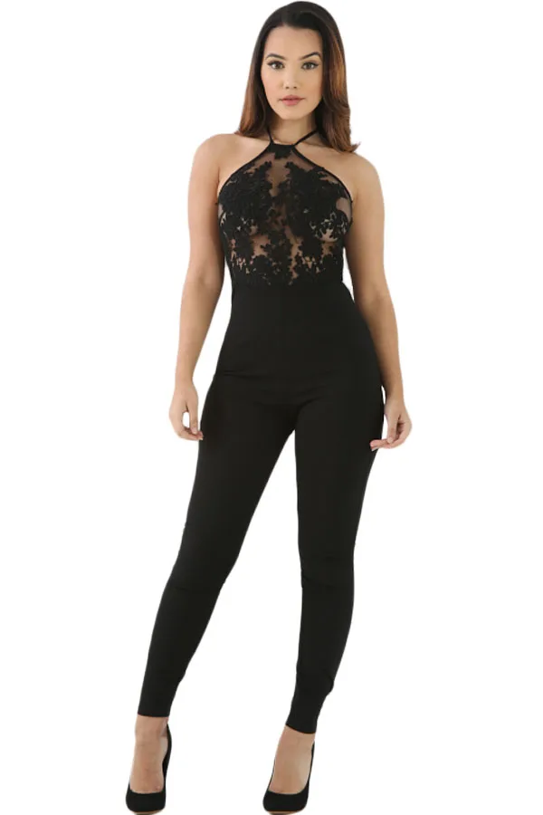 Women Party Bodycon Jumpsuit Black White Sheer Lace Top Halter Sexy