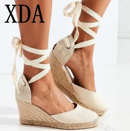 

XDA 2019 Bohemian Espadrilles Wedge Sandals Women Canvas Platform Wedges Fashion Lace-up summer Women Sandals Shoes Size 35-43