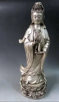 

17" China Silver carved fine Buddhism Kwan-yin Guanyin buddha Sculpture Statue