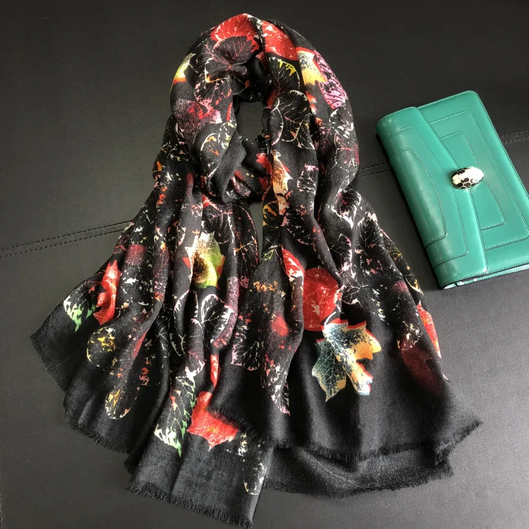 

Winter Scarf Pure Cashmere Red Women Leaves Scarves Brand Design Warm Large Shawls Wraps 200*100cm