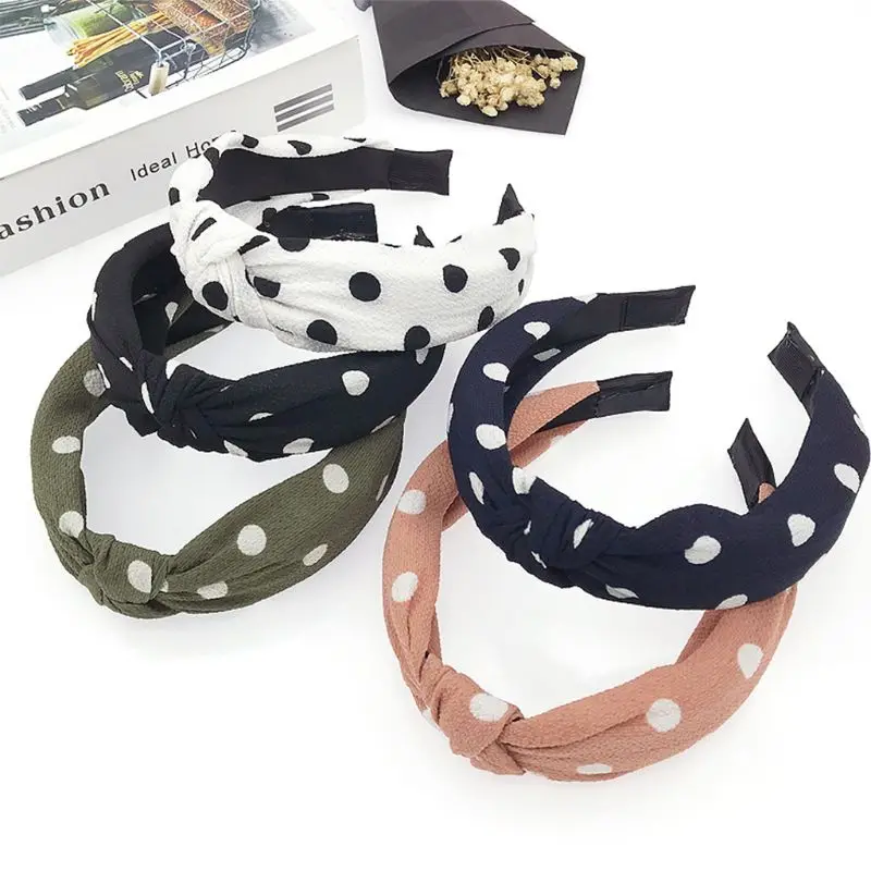 

Women Adult Child Korean Style Wide Cloth Wrapped Hairband Retro Large Wave Point Printed Hair Hoop Plain Solid Color Middle