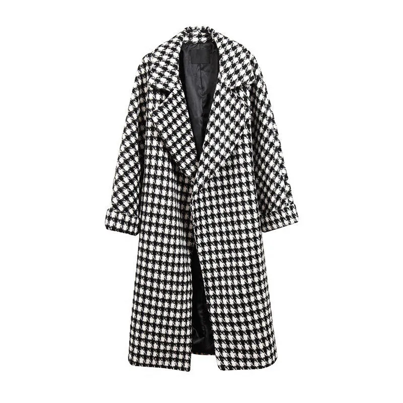 

Women Winter Plaid Coats Casual Turn-down Collar Blended Wool Coat Female Overcoat Warm Long Jacket Plus Size