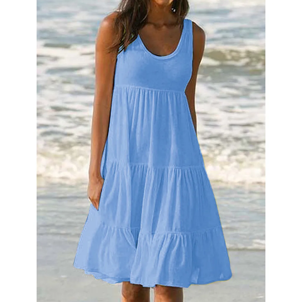 

Women Sexy short Holiday Summer Solid Sleeveless Party Beach Dress