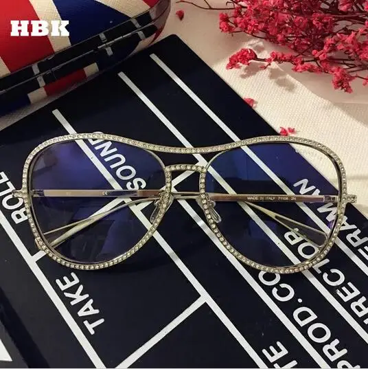 HBK Пилот солнцезащитные очки для женщин для декоративный кристалл брендовая Дизайнерская обувь медная рамка HD прозрачные линзы двойной