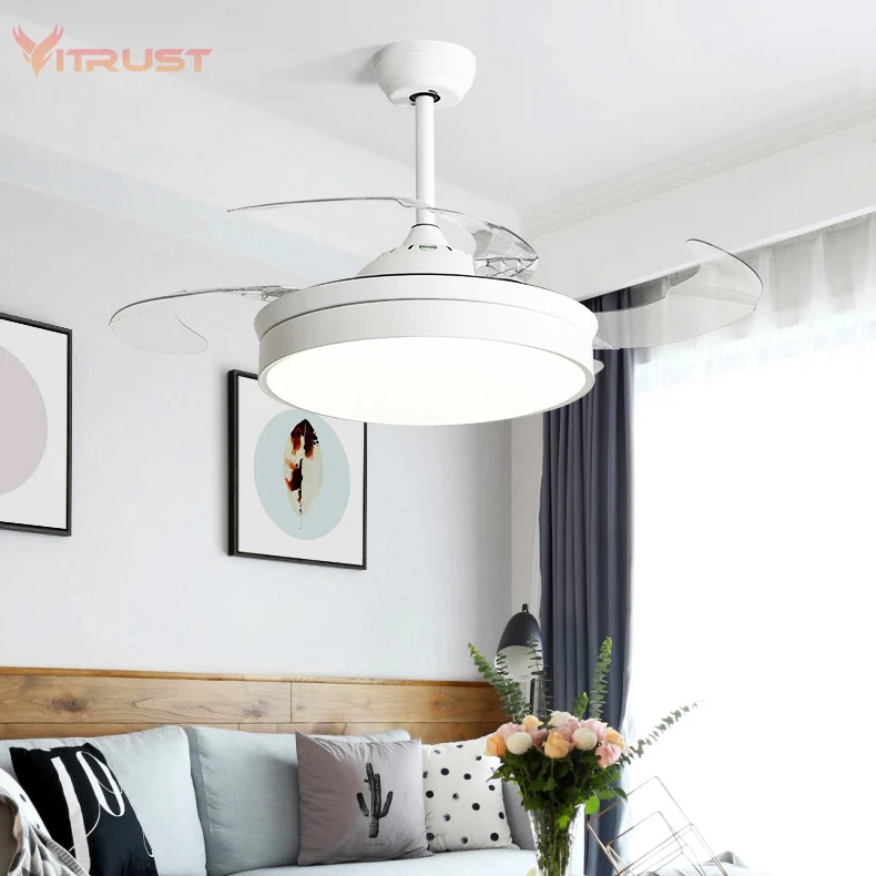 Led Invisible Ceiling Fans With Light Decorative Retractable Blade Modern Folding Fan Lamp Remote Control Hanging Lights