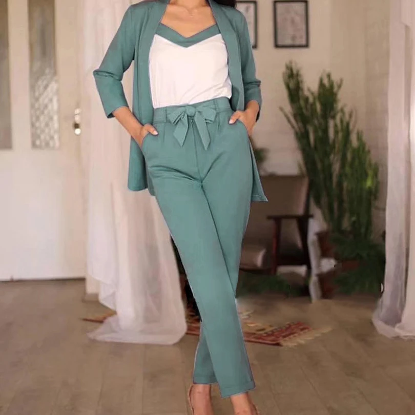 Лидер продаж 2019 года, комплект из 3 предметов, женский простой модный кардиган на бретельках и брюки в английском стиле