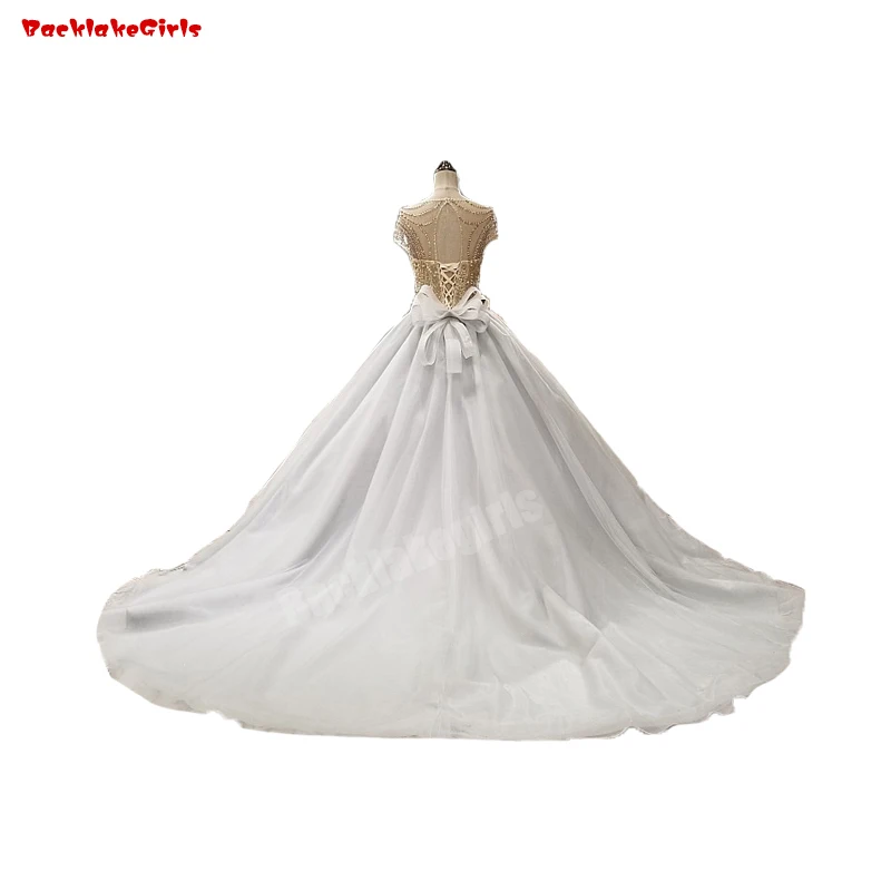 

Backlakegirls Vintage Ball Gown Wedding Dress Gray Lace Short Sleeve Embroidered Pearls Flower Beading 2018 Hot Sale Bridal Gown
