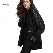 TUHAO/Свободная куртка из искусственной кожи с отложным воротником и карманом на молнии с металлическим круговым кольцом, модное уличное Стильное женское пальто TFB001