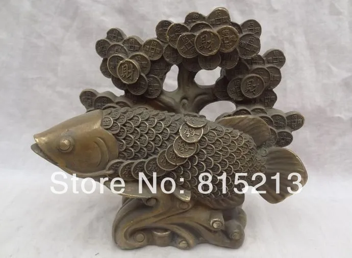 

bi00658 9" China Bronze YuanBao Coin RuYi Wealth FaCai Tree Fish Statue