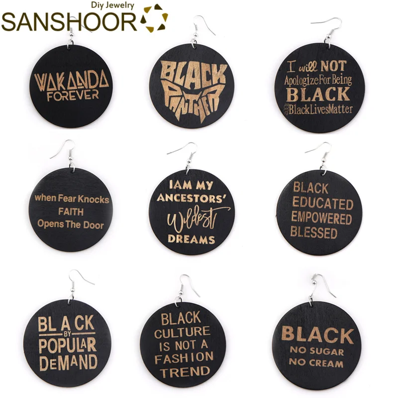 

SANSHOOR 9 Designs AFRO Craved Wood Earrings Collection With Inspiring Words 6cm Diameter For Afrocentric Black Woman 1pair/lot