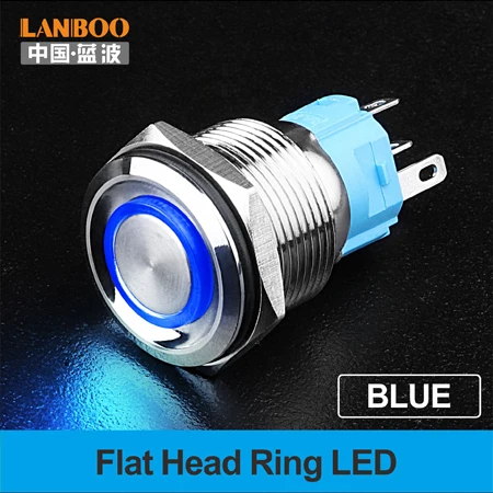LANBOO 19 мм плоская головка мгновенный или самоблокирующийся металлический кнопочный переключатель с IP65 - Цвет: Blue LED Ring