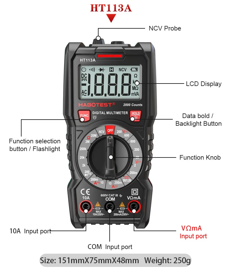 HABOTEST HT113A/B/C цифровой профессиональный мультиметр DC/AC Измеритель Напряжения тока ручной цифровой мини мультитестер Амперметр NCV