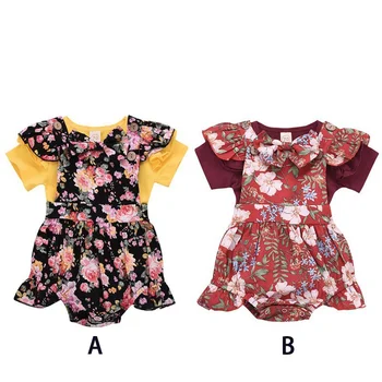 

Newborn baby girl clothes Ruffle Sleeve O-Neck Romper + Print Dress + Print Bow Headband baby girl clothes set kiz bebek giyim