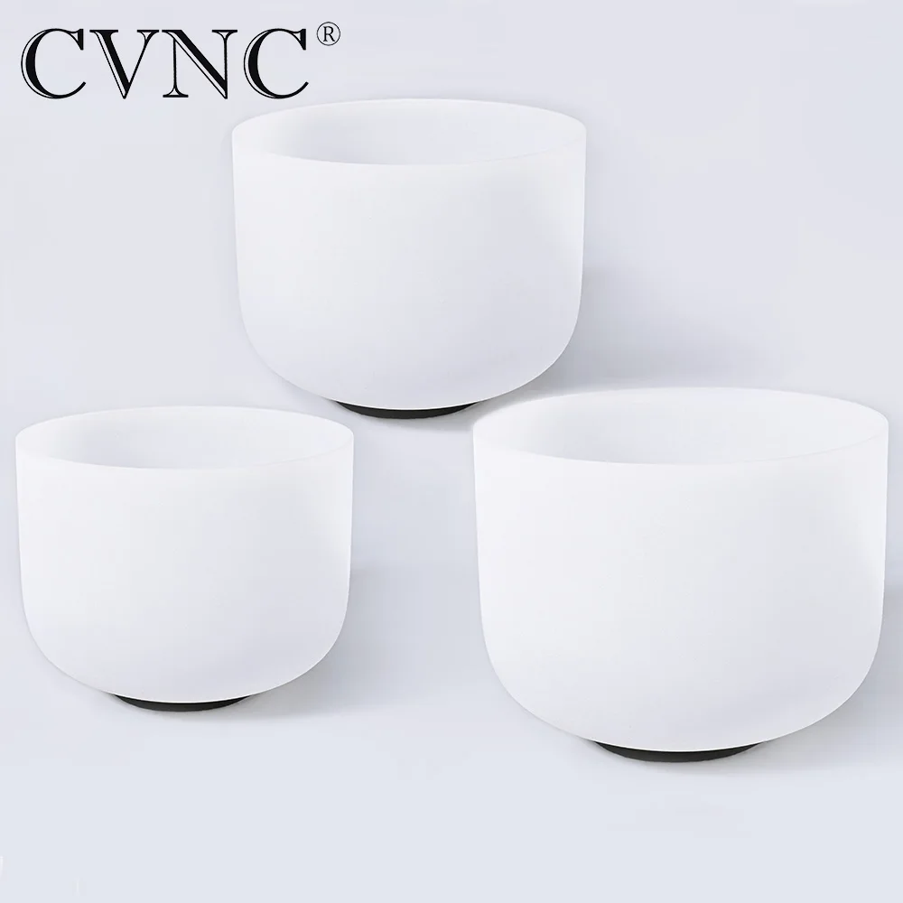 

CVNC 6" 8" 10" set of 3 PCS Chakra with any note C D E F G A B Frosted Quartz Crystal Singing Bowls