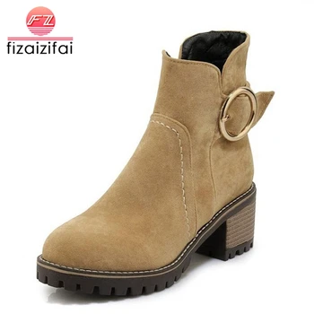 

Coolcept Size 34-44 Ankle Boots Women Winter Shoes Fur Warm Short Boots Metal Buckle Thick Heel Fashion Shoes Ladies Footwear