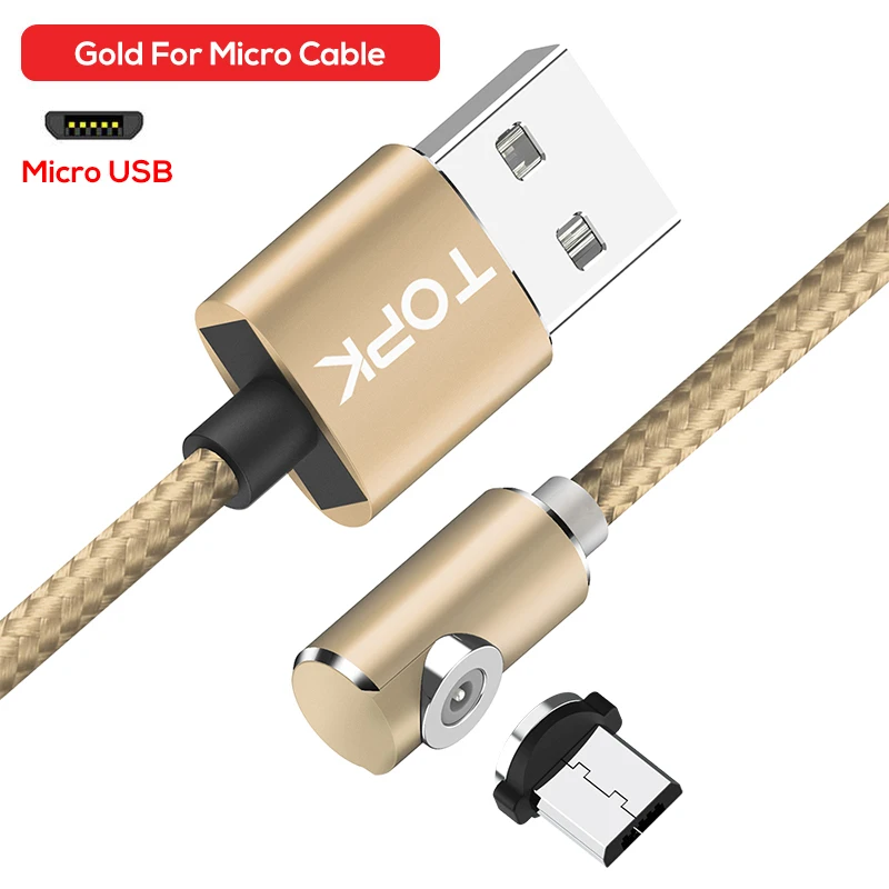 TOPK Micro USB кабель 90 градусов Магнитный кабель 2.4a Быстрая зарядка для samsung Micro USB кабель для Xiaomi note 4 huawei смартфон - Цвет: Gold