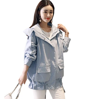 

New 2019 Spring Autumn Long-sleeved Korean Large Size Loose Hooded Windbreaker Fashion Jackets Coat Women's Clothing CM339