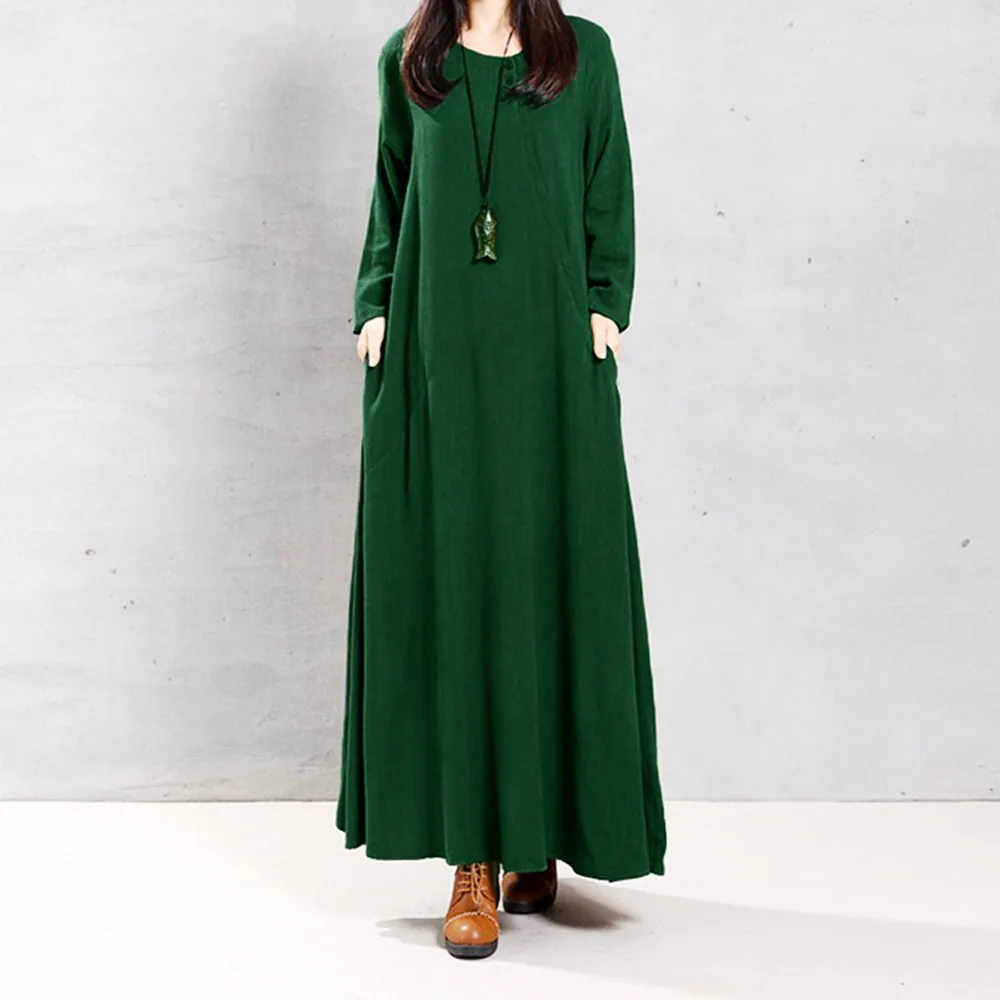 

Feitong 2019 Women Plus Size Pure Color Pocket Cotton And Linen Loose Long Dress High Quality