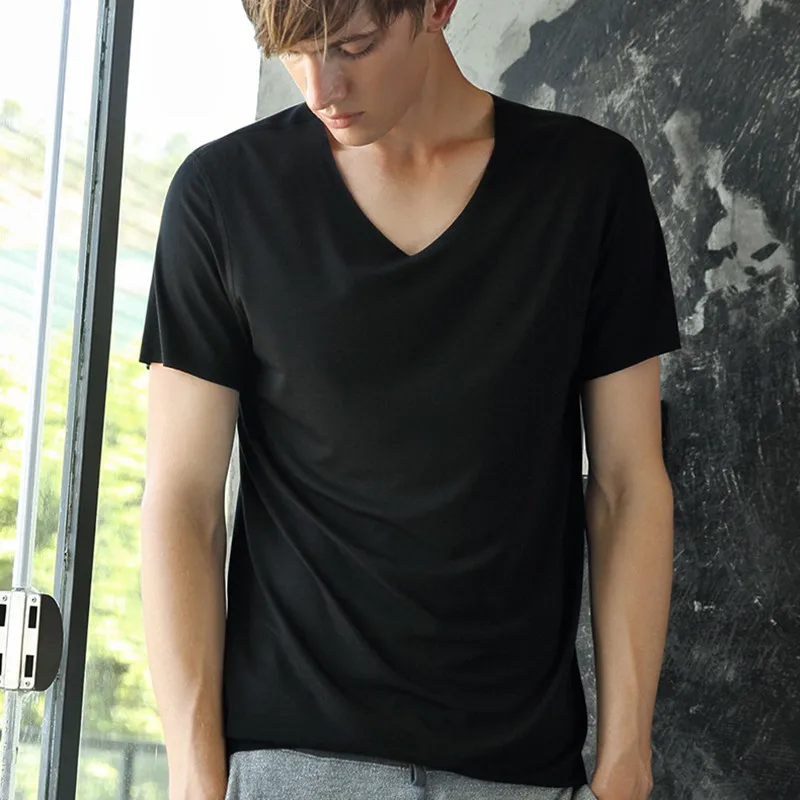 Solid Color Modal T Shirt Mens Black White Casual T shirts 2018 New Summer V Neck Short Sleeve