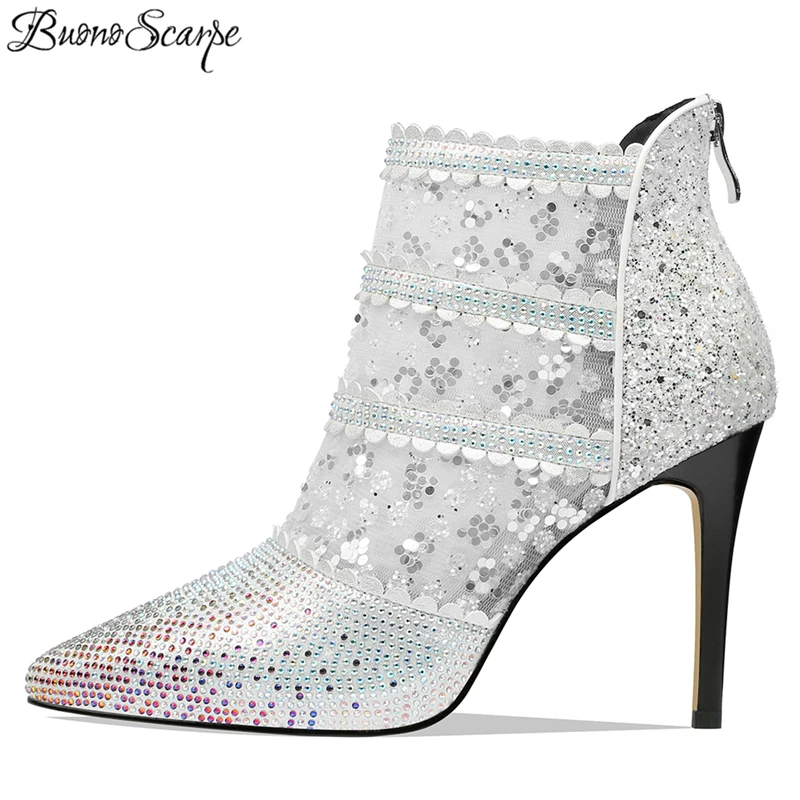 Malla Boda Rojo Ver Través Verano Mujeres Tacones Scarpe Zapato Llegada Bling Tobillo A blanco Mujer Strass Sexy Buono De Nueva Botas fHqXpnfS7x