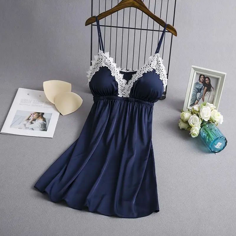 Набор свадебных халатов для невесты и подружки невесты, летняя атласная ночная рубашка из вискозы, кимоно, 3 штуки, кружевной сексуальный костюм для сна, ночная рубашка, M-XL - Цвет: Navy Blue Strap