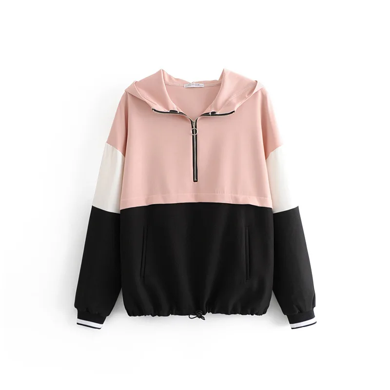 

New Spring and summer European and American style hooded long-sleeved zipper color matching hem drawstring pullover Sweatershirt