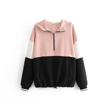 New Spring and summer European and American style hooded long-sleeved zipper color matching hem drawstring pullover Sweatershirt New Spring and summer European and American style hooded long-sleeved zipper color matching hem drawstring pullover Sweatershirt