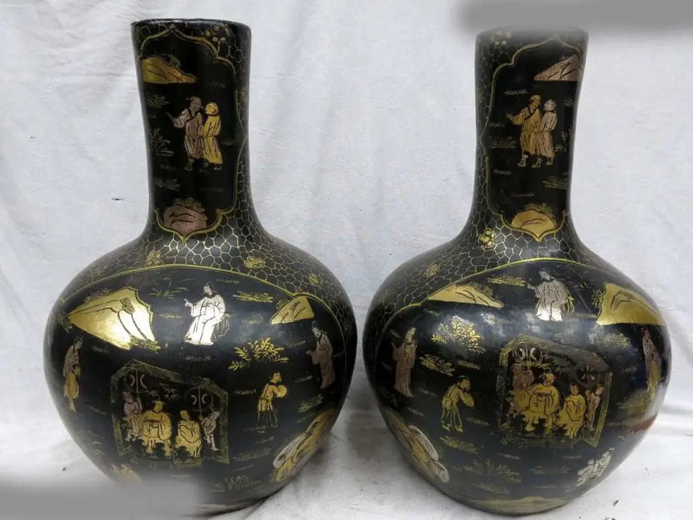 

16" China old handmade wood lacquerwork fine figure painting Vases Pair Statue