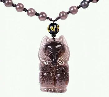 

Free shipping Natural ice obsidian The fox necklace pendant with rope