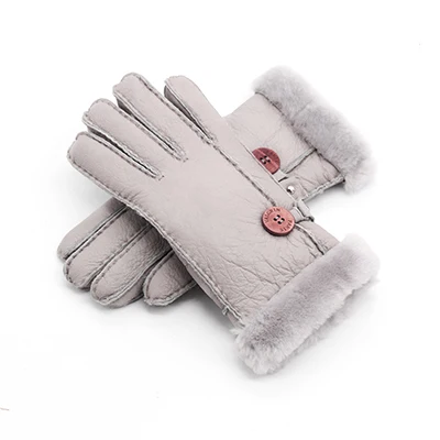 Женские зимние теплые перчатки, новинка, модные перчатки из натуральной кожи и шерсти с мехом, милые кожаные зимние теплые перчатки из овечьей кожи для девушек, варежки - Цвет: Grey
