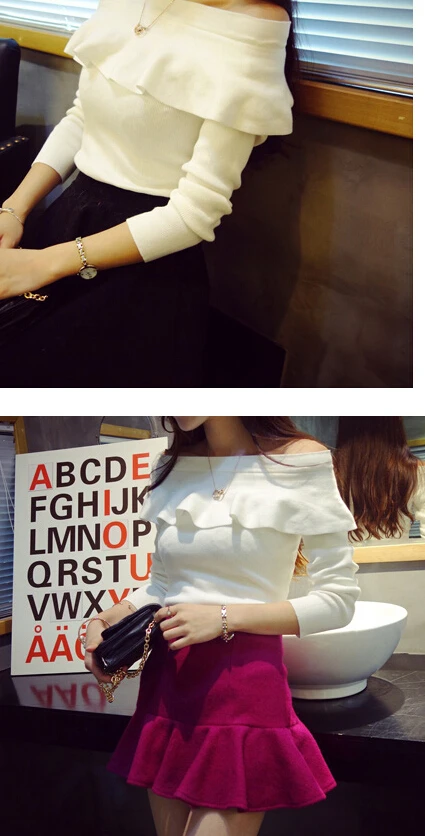 Высокое качество корейский с открытыми плечами лист лотоса чистый цвет универсальные с длинным рукавом женский свитер