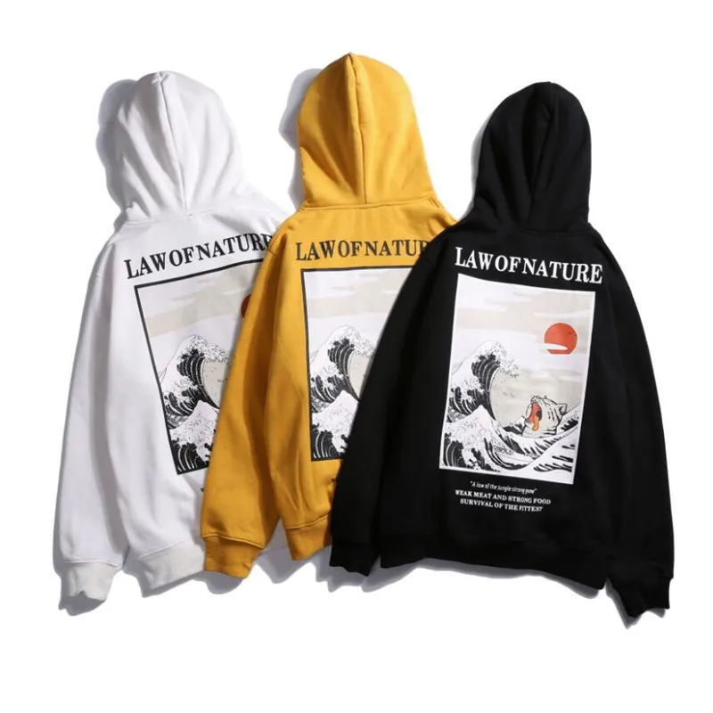 

2019 New Japanese Embroidery Funny Cat Wave Printed Fleece Hoodies Winter Japan Style Hip Hop Casual Sweatshirts Streetwear