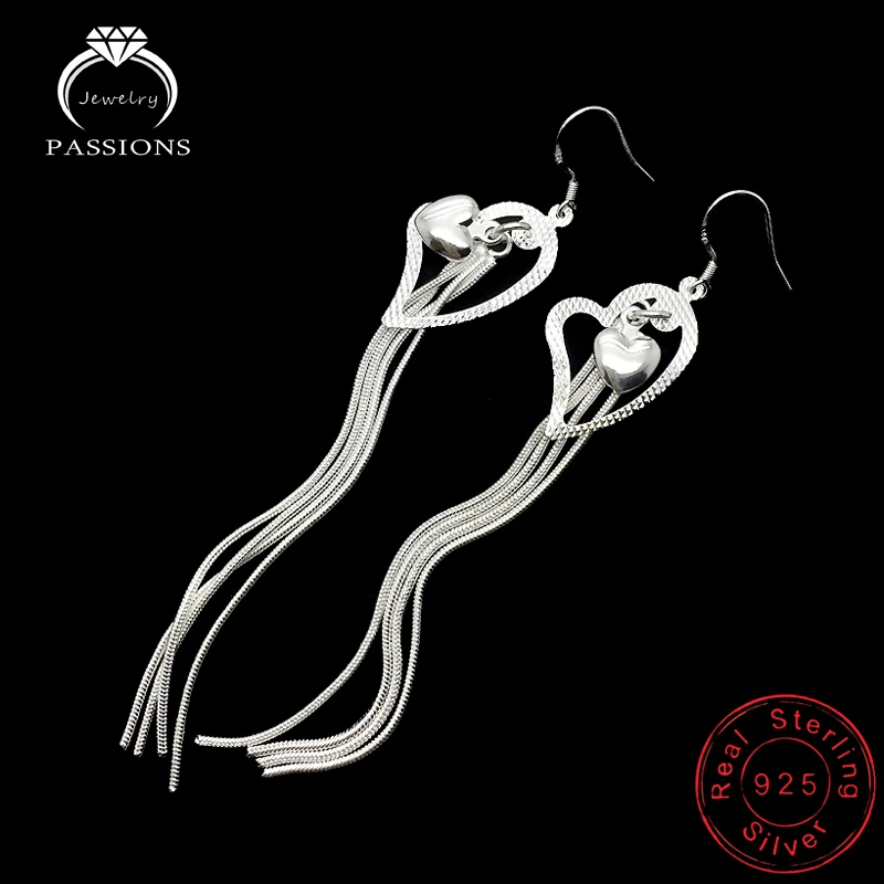 

Elegant Ethnic Style Love Heart Long Dangle Earrings 925 Sterling Silver Drop Tassel Earings For Women Exquisite Earings Gift
