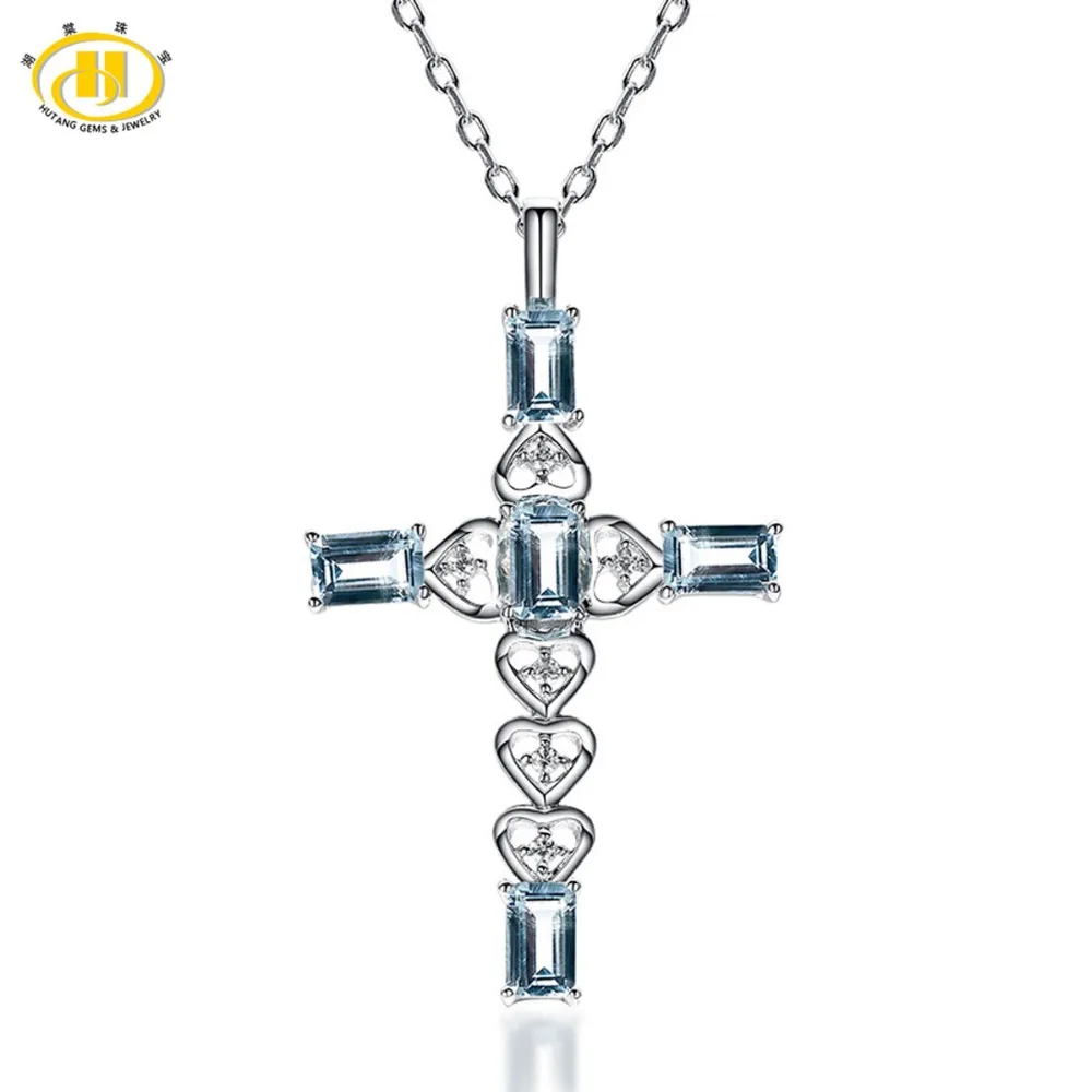 

Hutang Natural Auqamarine Emerald Cut Cross Pendant Solid 925 Sterling Silver Heart Necklace Gemstone Fine Jewelry Women's Gift