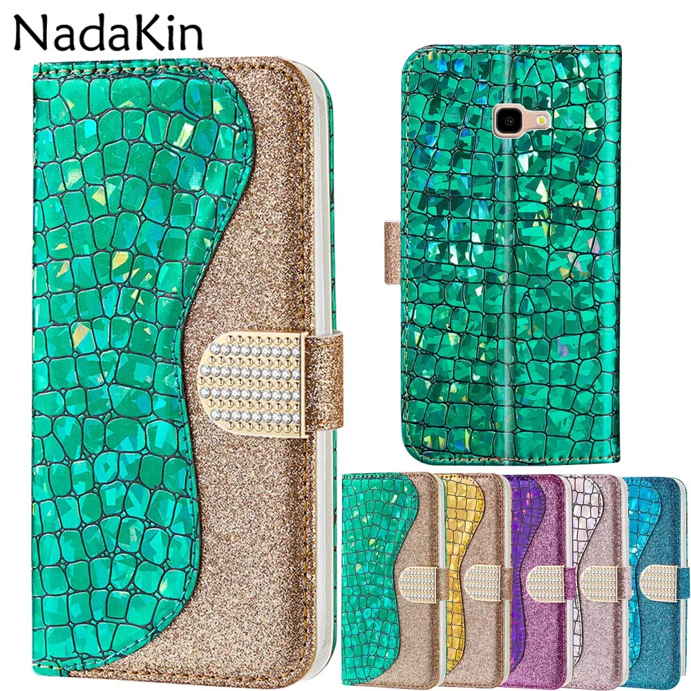

Luxury Rhinestone Diamond Clasp Book Case for Samsung Galaxy J4 Plus J6 2018 J5 2017 J3 2016 Flip Cover Shell Snake Skin Texture