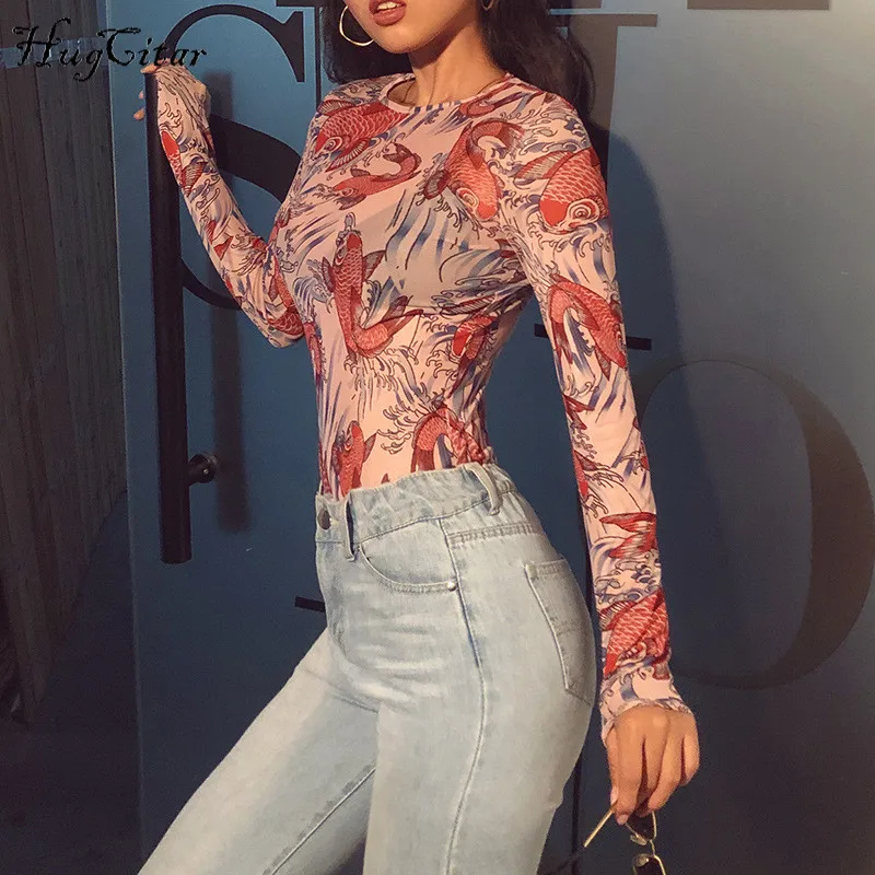 Hugcitar س الرقبة الأسماك طباعة شبكة انظر من خلال bodycon مثير ارتداءها 2019 الربيع النساء جديد أزياء حزب نادي الشارع الشهير الجسم