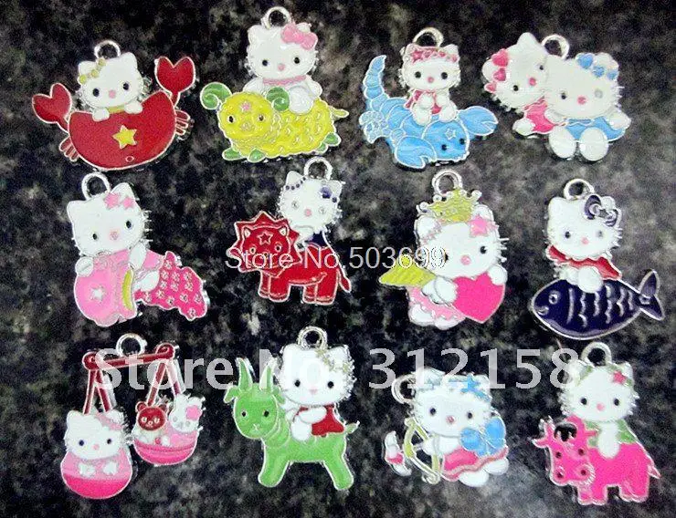 

Ls999 Free Shipping 100Pcs/Lots Alloy The Signs of the Zodiac Kitty Enamel Charms