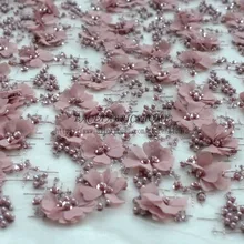 1 ярд темно розовый супер hevey ручной работы жемчуг 3D Цветы свадебное/вечернее платье кружевной ткани 51 ''ширина