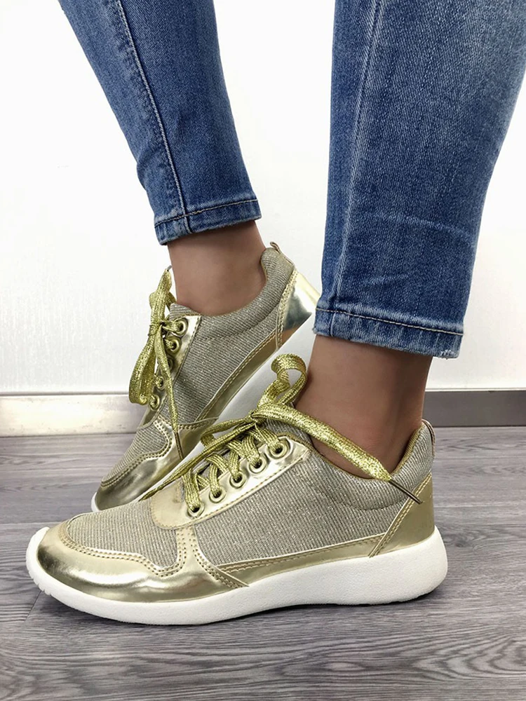 

LAPOLAKA 2019 PU Insert Glittering Eyelet Lace-Up Sneakers Gold air Mesh Breathable Casual Flats fashion leisure Women's Shoes
