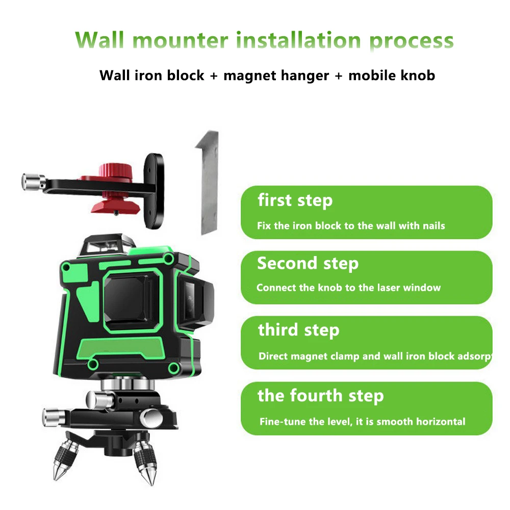 3D 12 Lines Green Laser Level with Wall Bracket 360 Degree Adjust Base Laser Beam Line Horizontal Vertical Cross Laser Lines