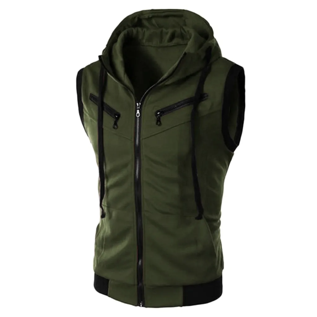 

Men Casual Hooded Vest Sleeveless Summer Zip bluza meska Pure Color buzo hombre Cotton sudaderas hombre Workout Pocket Vest