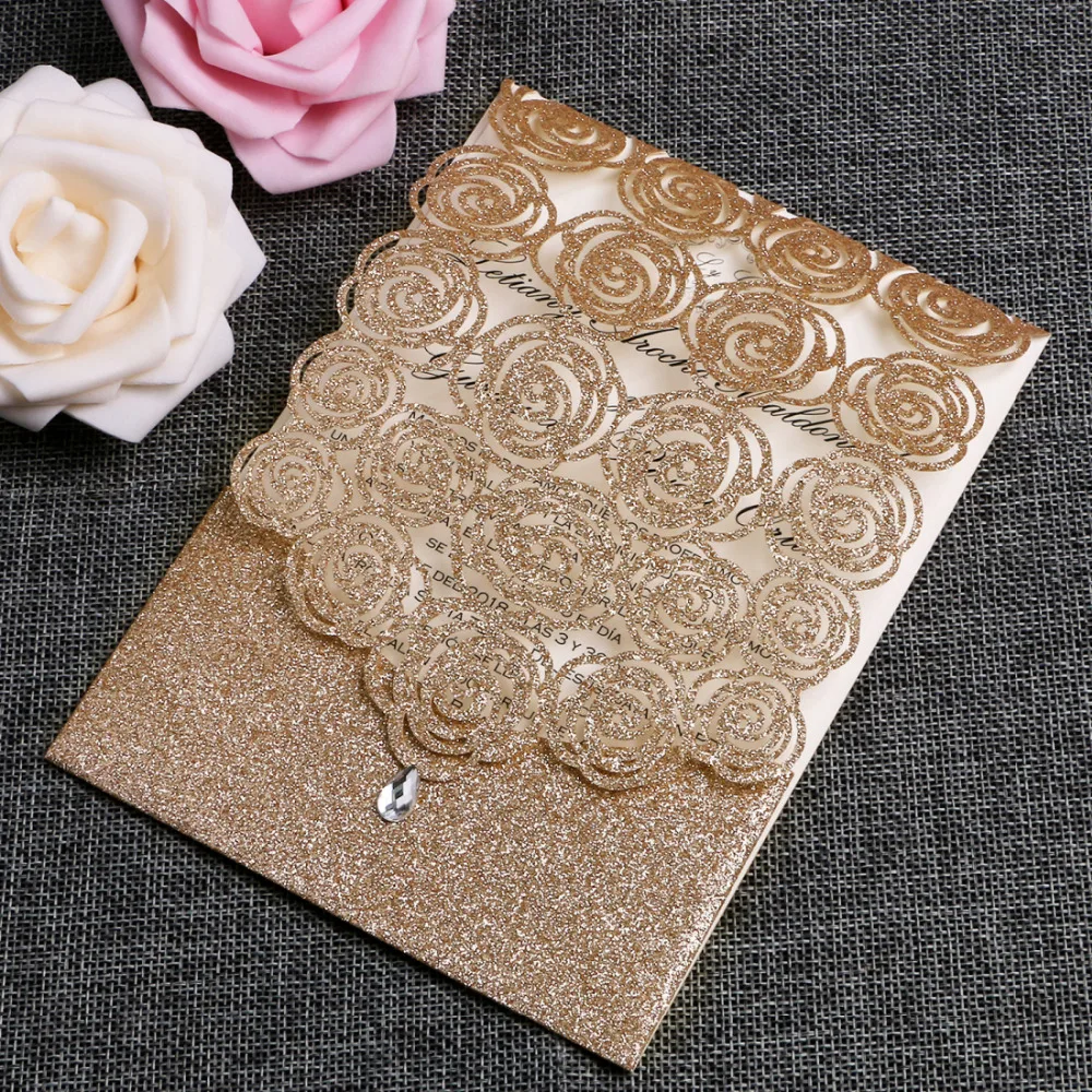 

PONATIA 20Pcs Wedding Invitation Cards with Rhinestone Hollow Flora Cardstock for Engagement Wedding Party(Rose Gold Glitter)