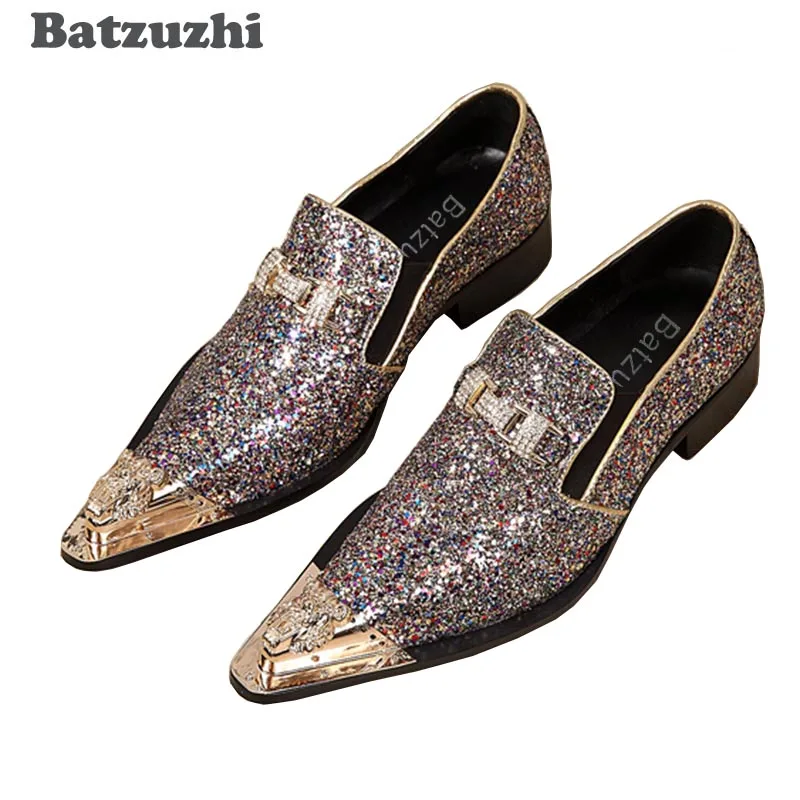 Batzuzhi 100% Brand New Men Shoes Handmade Pointed Gold Metal Toe Dress Shoes Men Shiny Wedding/Party Shoes Sapatos Masculino цена Batzuzhi 100% Brand New Men Shoes Handmade Pointed Gold Metal Toe Dress Shoes Men Shiny Wedding/Party Shoes Sapatos Masculino цены онлайн