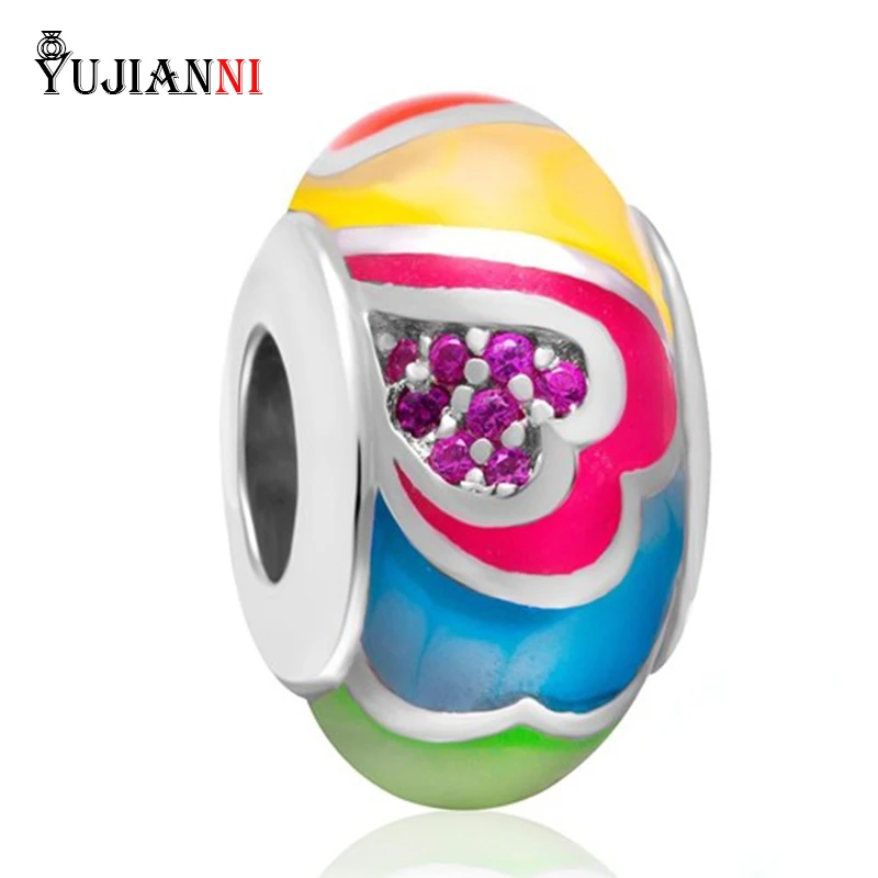 

925 Sterling Silver Colorful Charm Five Beads with CZ Hearts 4.5mm Hole Fits European Troll Pandora Bracelet&Necklace Jewelry
