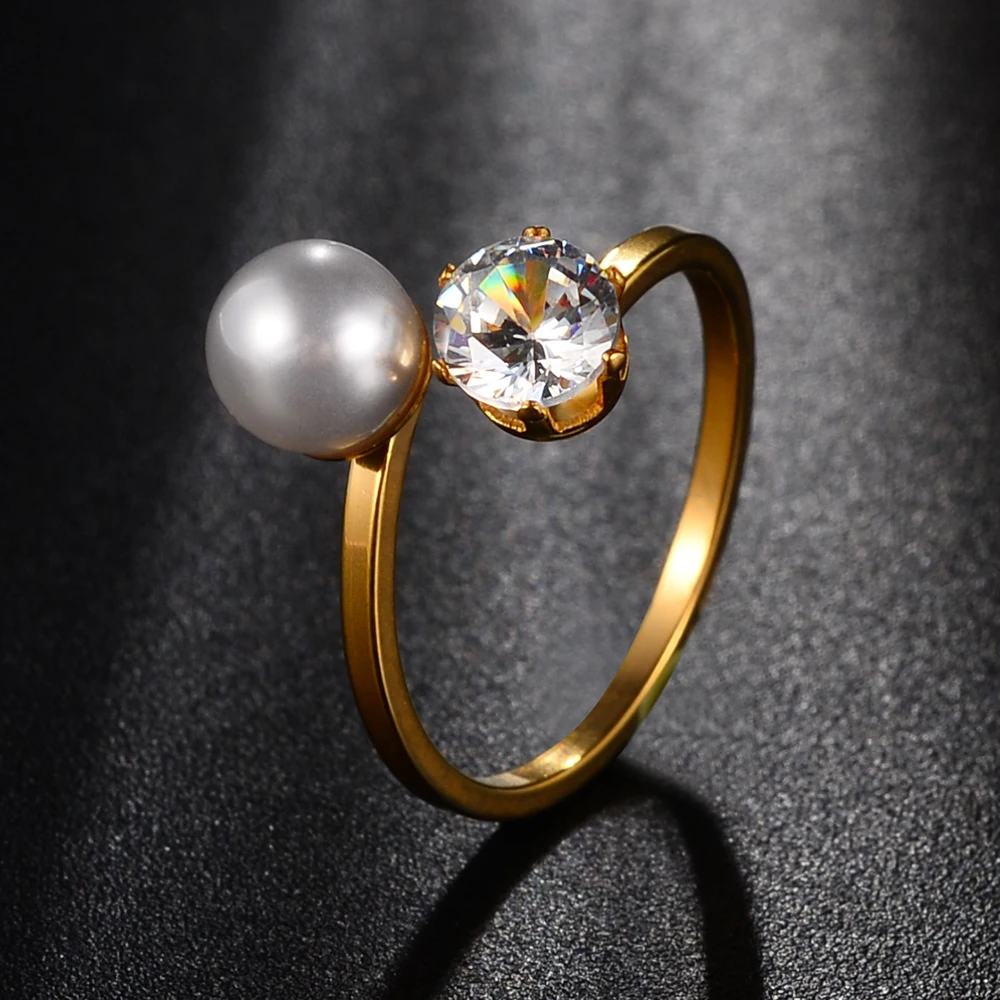 

High Quality Elegant Simulated Pearl Zircon Open Ring for Women Crystal Gold Color Adjustable Rings Party Accessories Jewelry